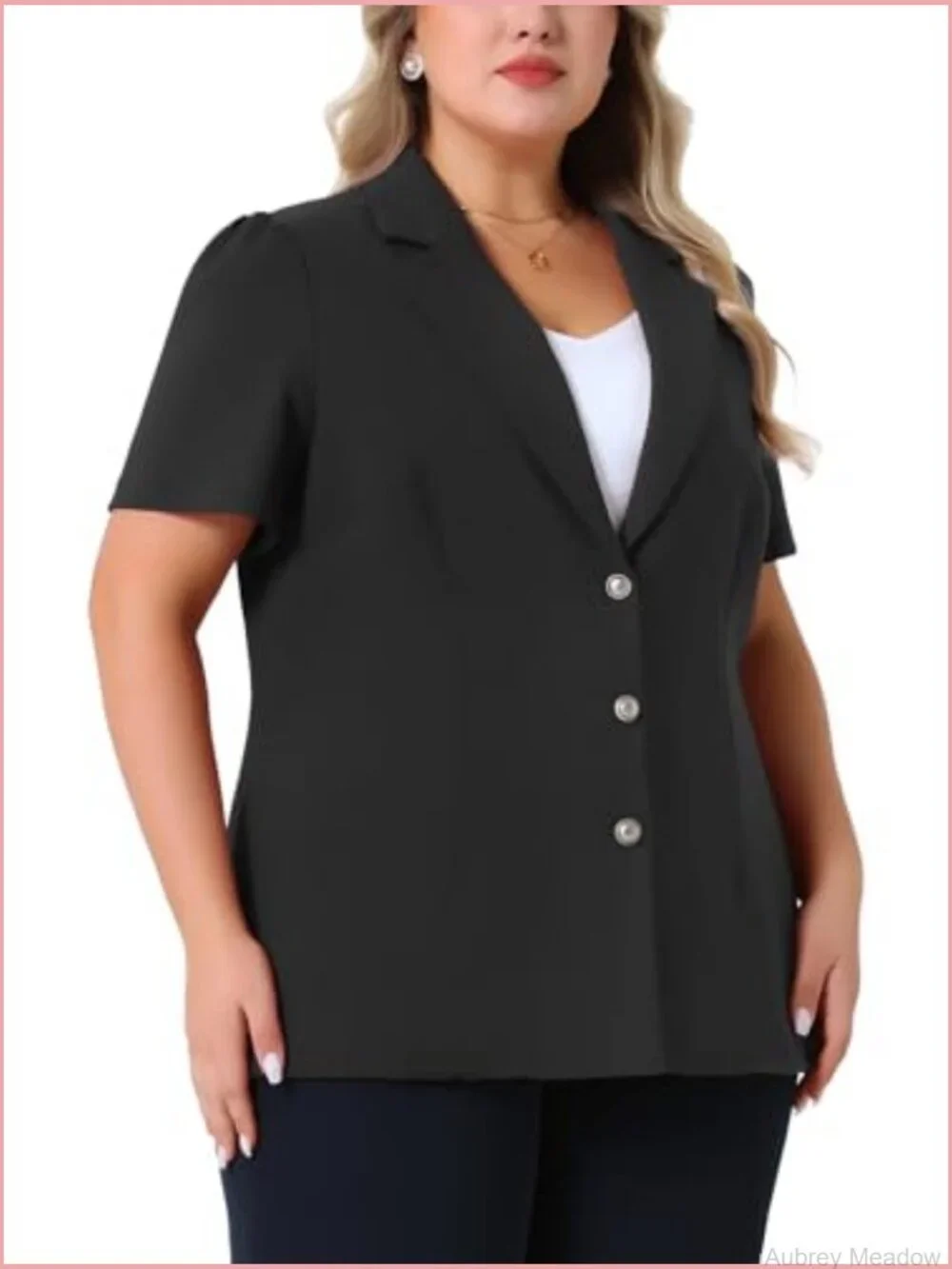 Plus Size Blazer Short Puff Sleeve Notch Lapel Single Breasted Office